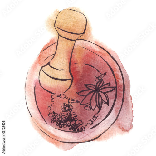 mortar with pestle spices watercolor illustration