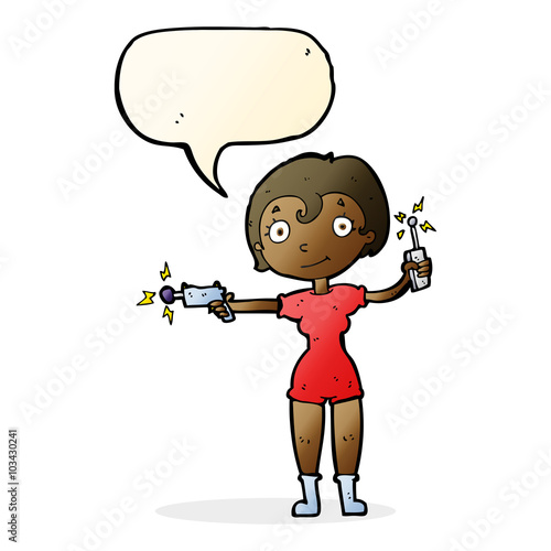 cartoon future space girl with speech bubble