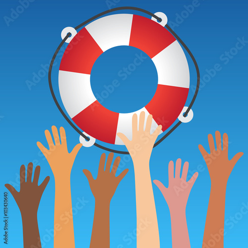 Symbolic hands reach for lifebuoy