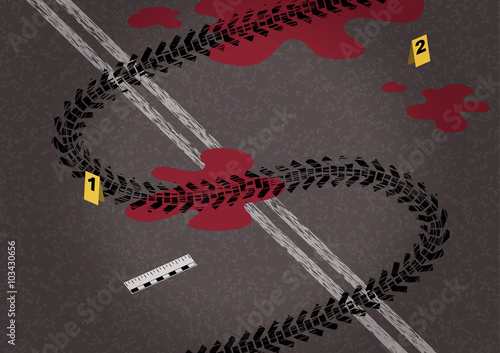Tire on asphalt and road markings in the form of dollar. Business crash concept illustration