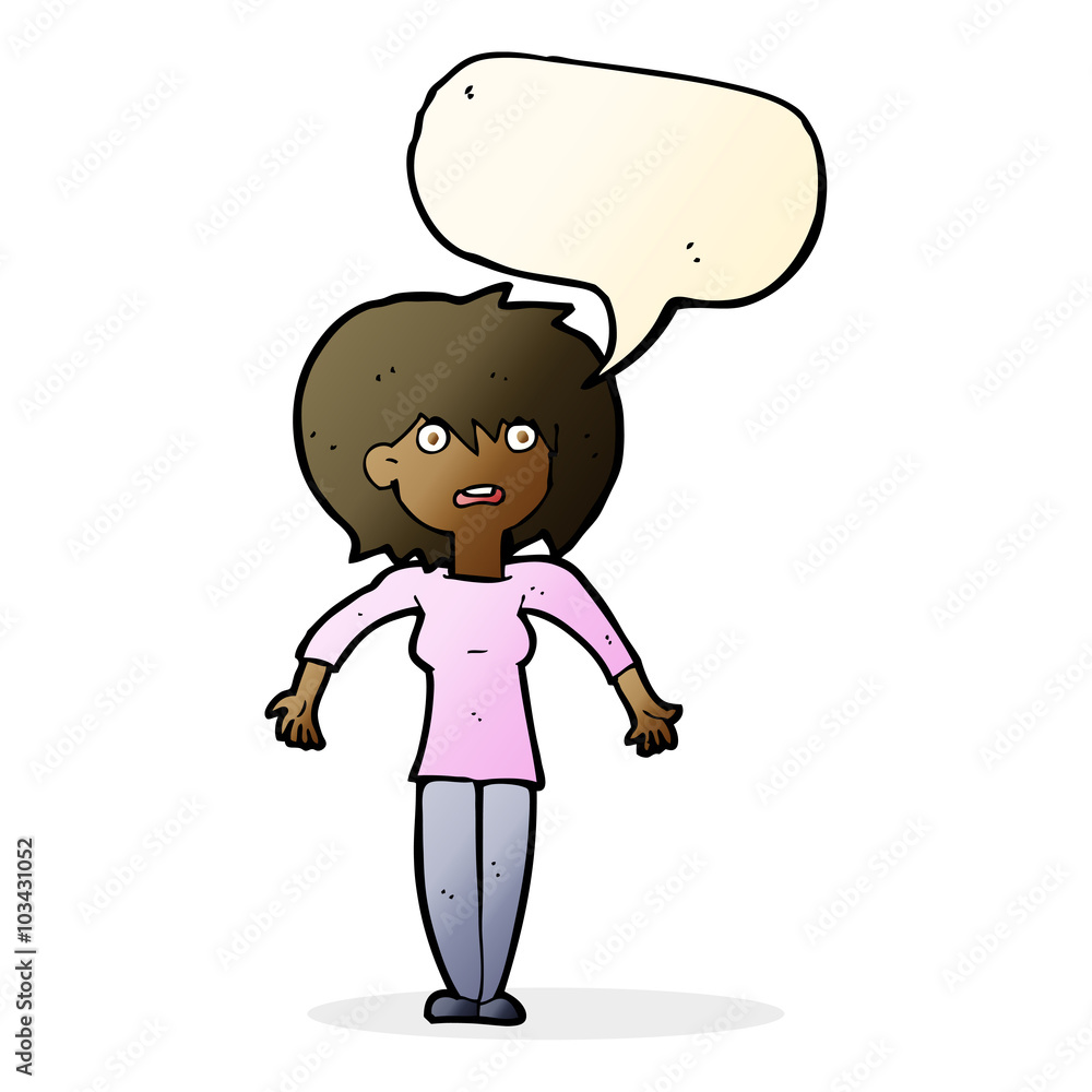 cartoon woman shrugging shoulders with speech bubble cartoon woman shrugging shoulders with speech bubble