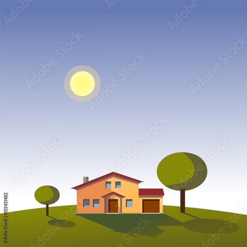 Casa familiar en un día soleado. Ilustración vectorial