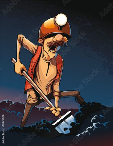 Tired miner terminates the difficult workday with shovel in hand. 