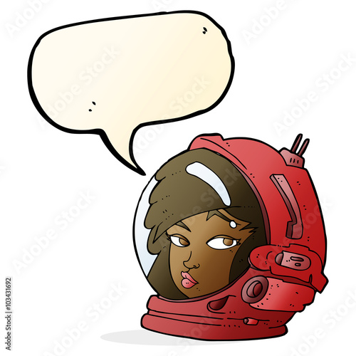 cartoon female astronaut with speech bubble