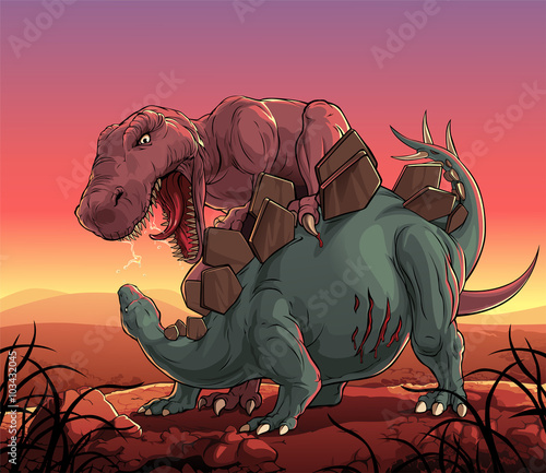 Fight of two big dinosaurs — tyranosaur and stegosaur. 