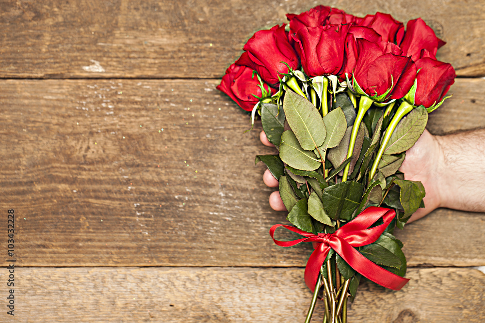 Red roses on wooden table, Valentines Day