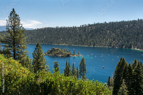 Summer at Emerald Bay. The bay is part of Lake Tahoe  California  USA. It was created by a glacier during the last Ice Age.