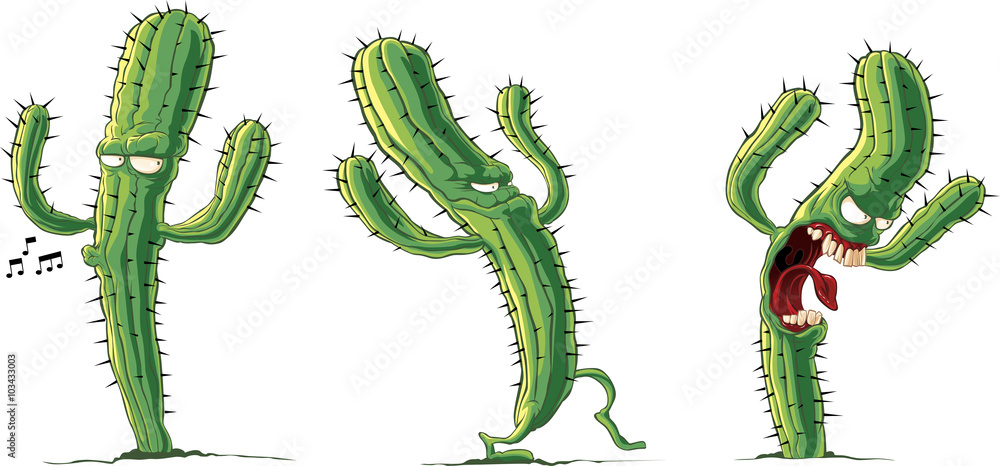 Naklejka premium Creeping cartoon cactus set