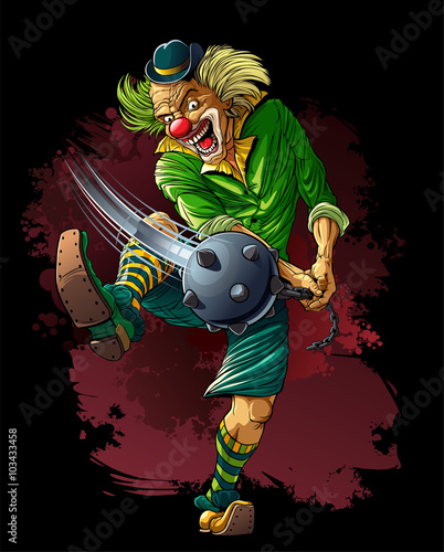 Mad clown killer with cudgel.

Mad clown killer in hat a blow with a cudgel