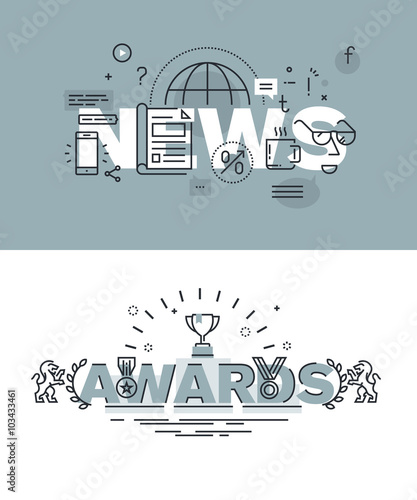 Set of modern vector illustration concepts of words news and awards. Thin line flat design banners for website and mobile website, easy to use and highly customizable.