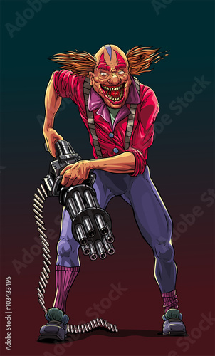 Mad clown with machine gun

Evil clown stay with machine gun