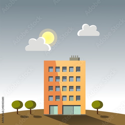 Edificio de apartamentos en un día nublado. Ilustración vectorial