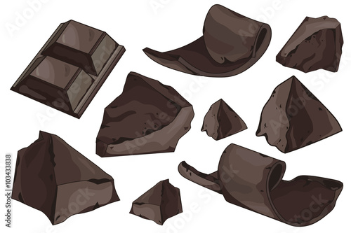 Chocolate shavings and pieces set on white background