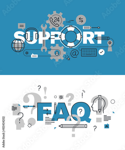 Set of modern vector illustration concepts of words support and FAQ. Thin line flat design banners for website and mobile website, easy to use and highly customizable.