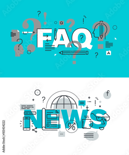 Set of modern vector illustration concepts of words FAQ and news. Thin line flat design banners for website and mobile website, easy to use and highly customizable.