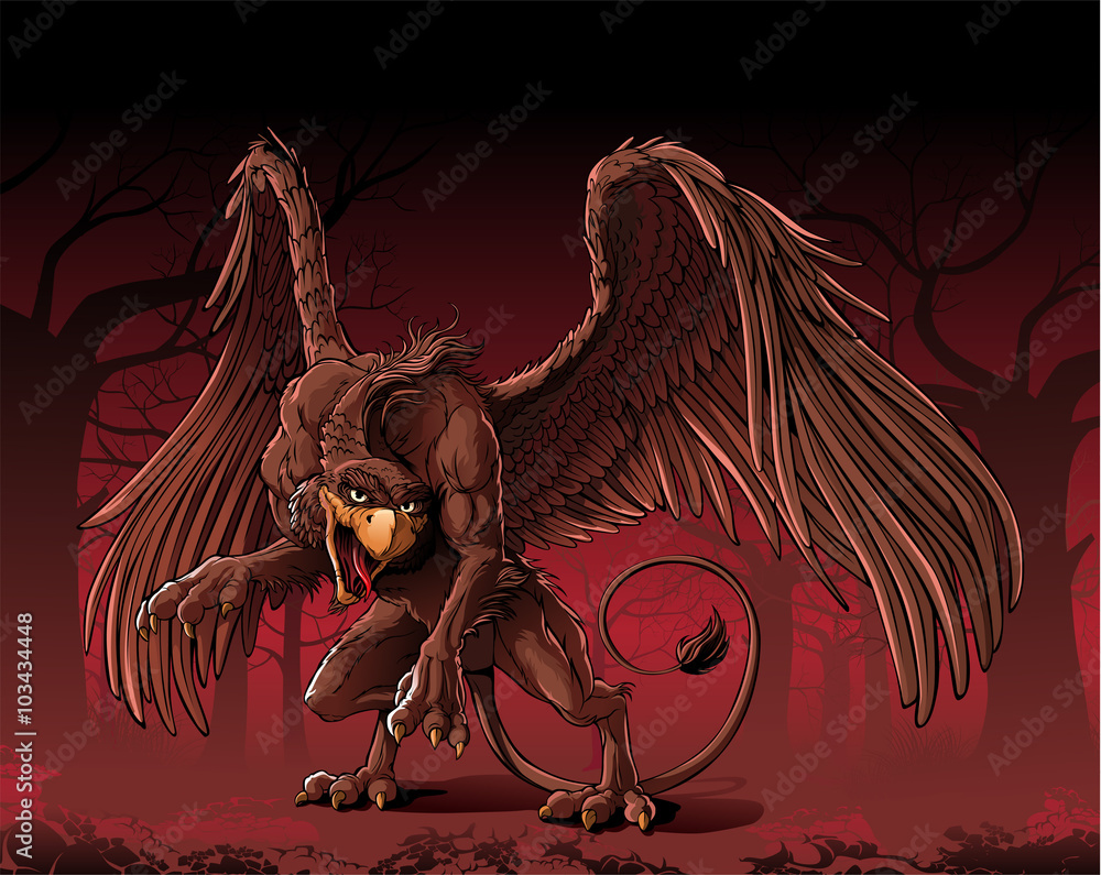Griffin a mythological monster in mistery dark forest. Stock Vector | Adobe  Stock