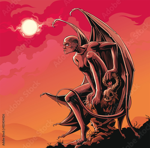 Gargoyle woman on the Stone.

Mythological character — Gargoyle siting on the stone. Background a sundown heaven.