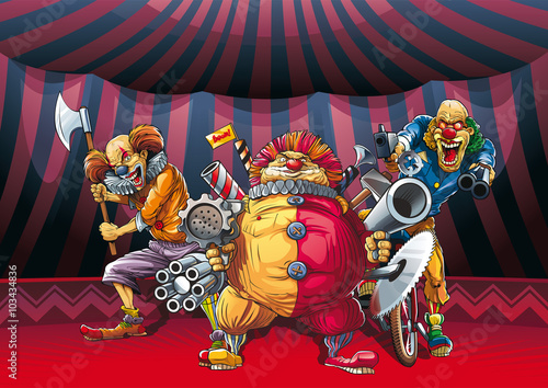 Mad clowns killers with many guns, axe, meat grinder and circular saw in hands. 