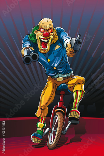Mad clown killer on monobike with guns in hands. This lad really psichopath. 
