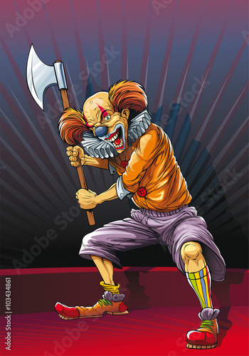 Mad clown killer with axe in hands.