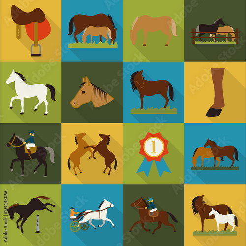 Horse, racing, racetrack 16 flat icons. Long shadow design for web.