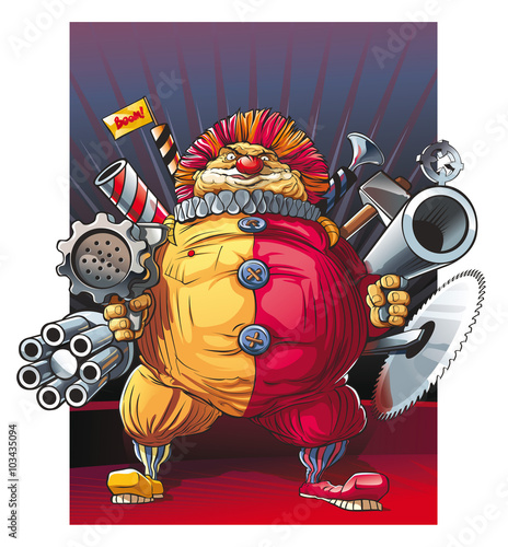 Mad fat clown killer with many guns in hands. He splendid operate with meat grinder and circular saw.