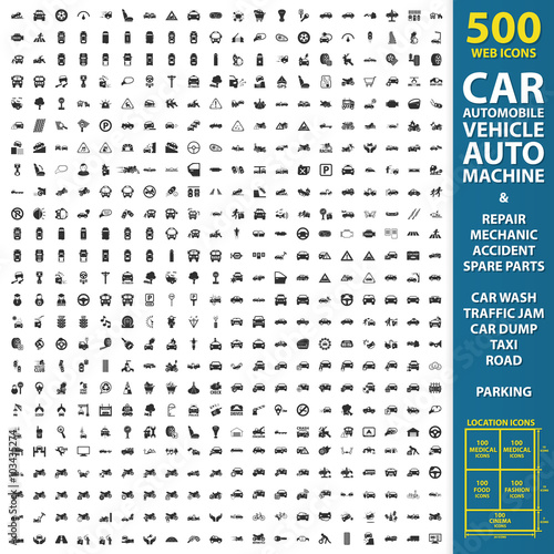 car, automobile, vehicle set 500 black simple icons. Auto, machine, repair, mechanic  icon design for web and mobile.
