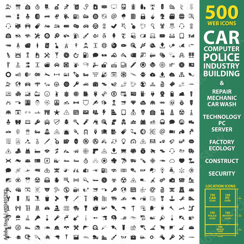 Car, automobile, vehicle set 500 black simple icons. Machine, repair, mechanic icon design for web and mobile.