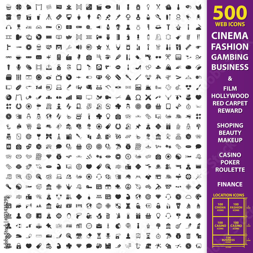 Cinema, fashion, gambing set 500 black simple icons. Business, film, hollywood  icon design for web and mobile.