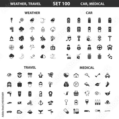 Weather, car set 100 black simple icons. Travel, medical icon design for web and mobile.