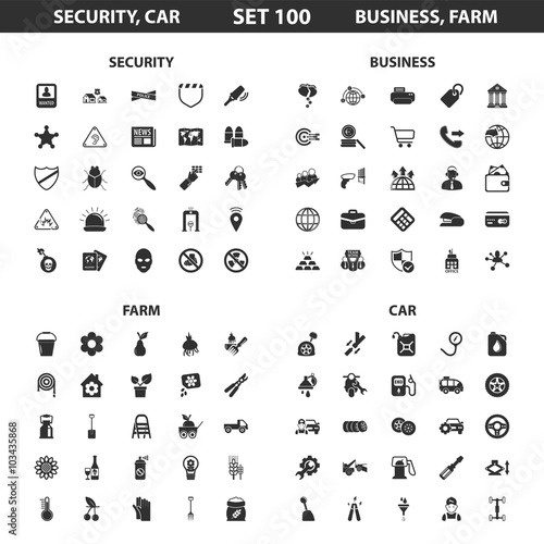 Security,car set 100 black simple icons.Business, farm icon design for web and mobile.