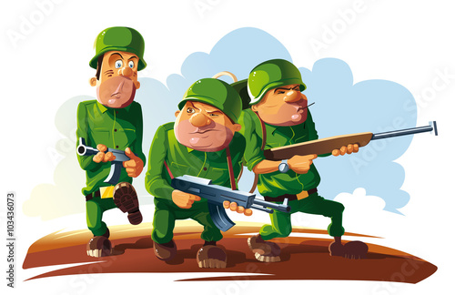 Platoon of three soldiers.
Three armed soldier go on enemy territory. They are look around and very careful.
