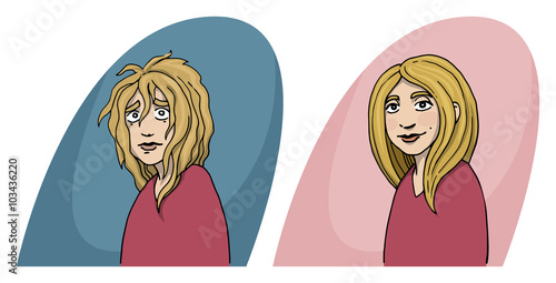 Girl, before and after concept, hair cut, hair treatment, charac