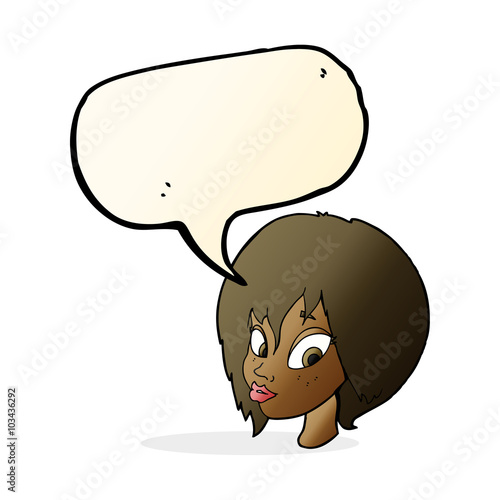 cartoon pretty female face pouting with speech bubble