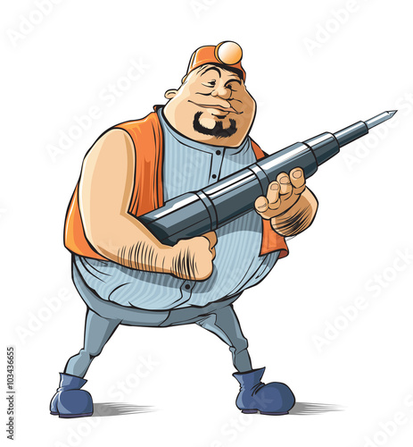 Worker with jackhammer.

Fat worker in helmet and with jackhammer in hands.