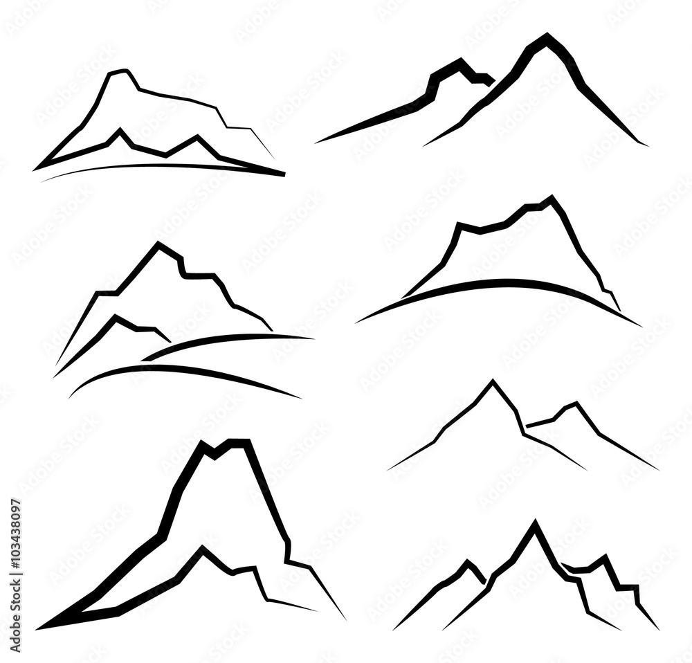 Abstract minimal mountain landscape symbol set, black and white