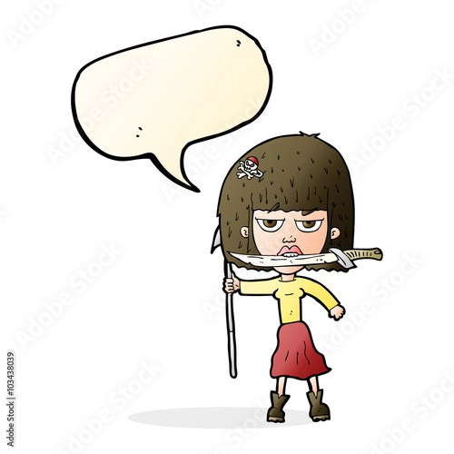 cartoon woman with knife and harpoon with speech bubble