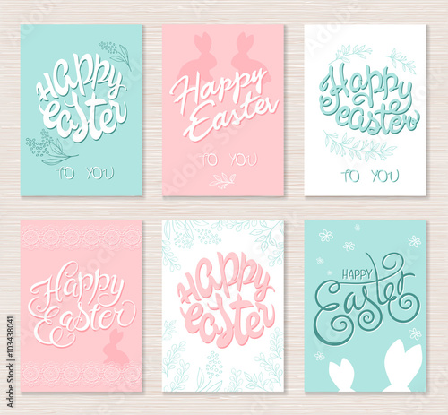 vector set of hand drawn easter greeting cards with lettering  flower branches and rabbit