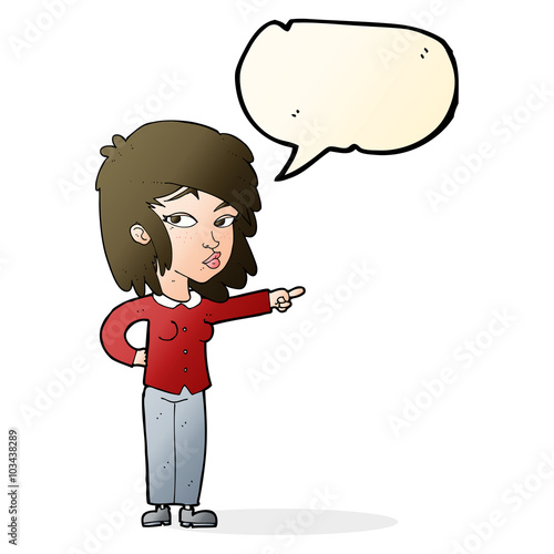 cartoon woman pointing with speech bubble