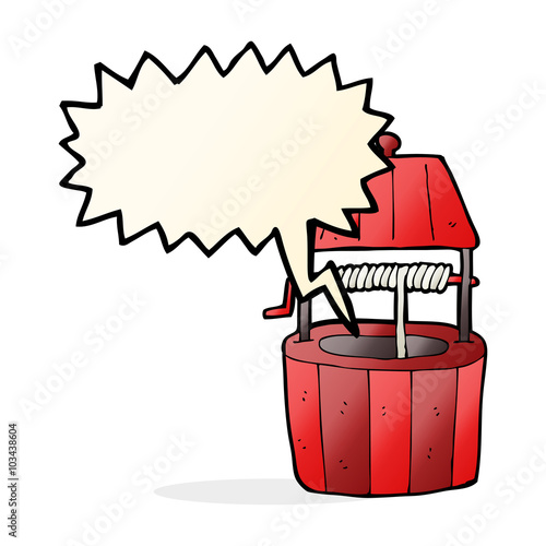 cartoon wishing well with speech bubble
