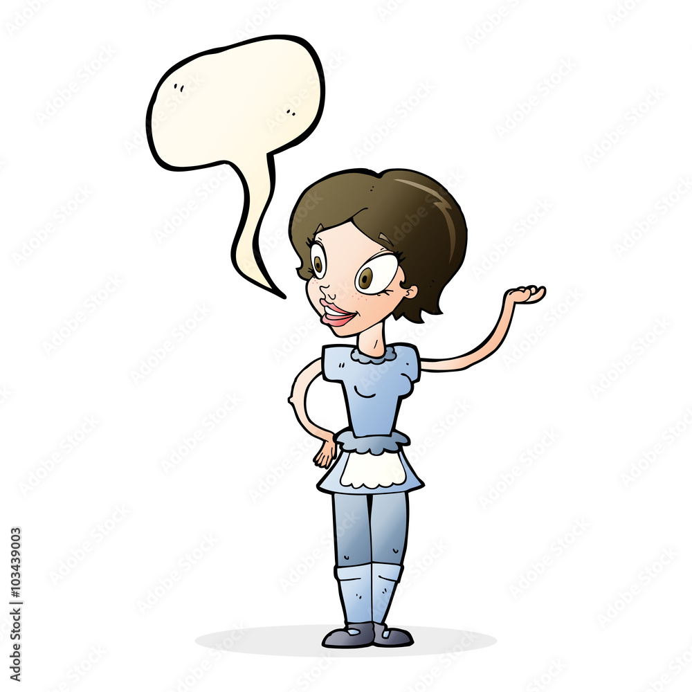 cartoon woman in maid costume with speech bubble cartoon woman in maid costume with speech bubble