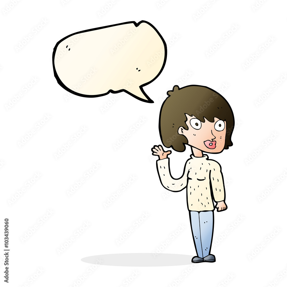 cartoon waving woman with speech bubble cartoon waving woman with speech bubble