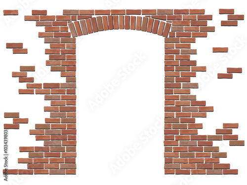 Arch in the wall of red brick. Vector isolated elements on white background.
