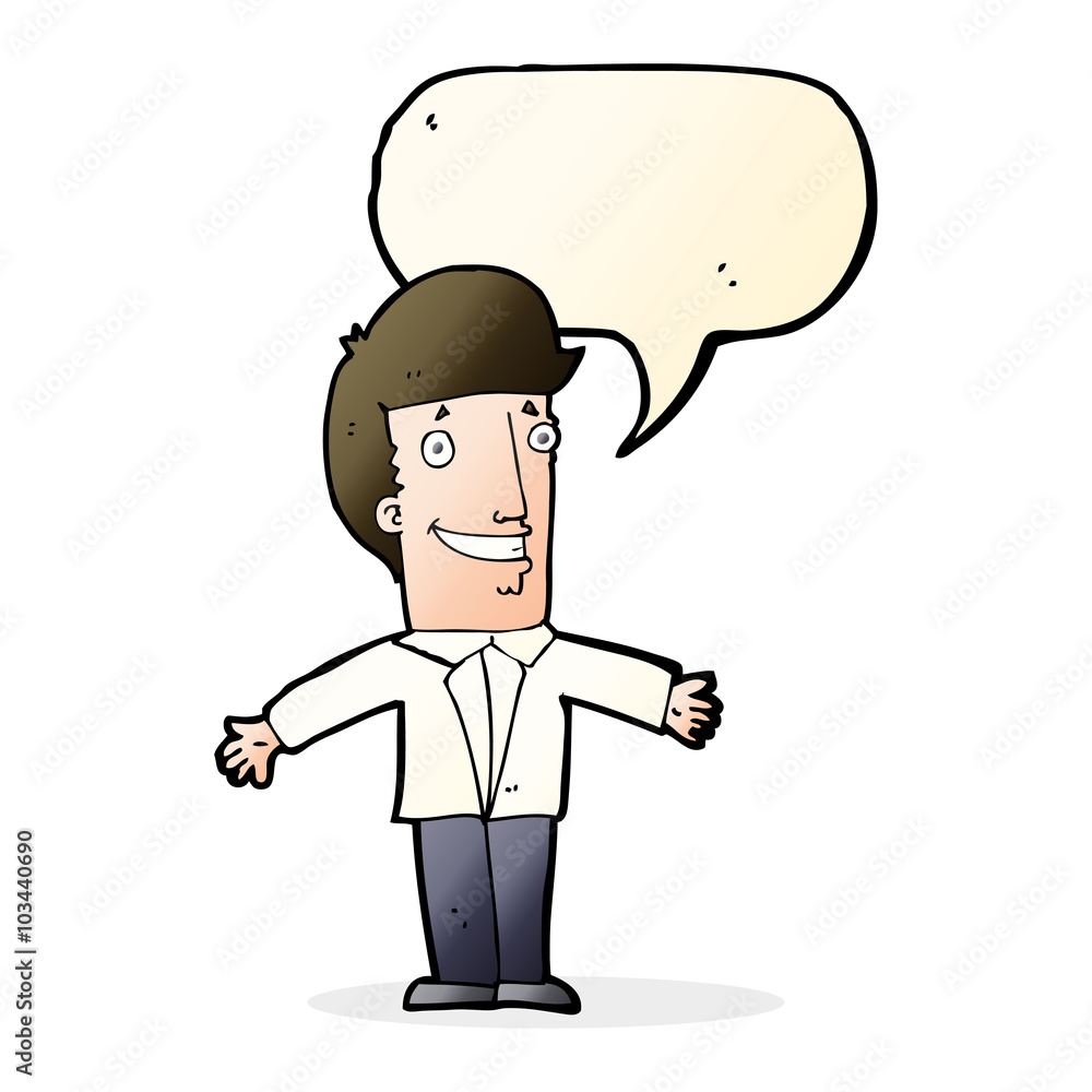 cartoon grining man with open arms with speech bubble cartoon grining man with open arms with speech bubble