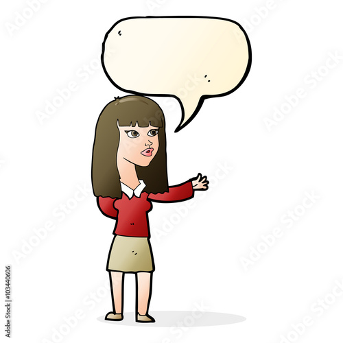 cartoon woman gesturing to show something with speech bubble