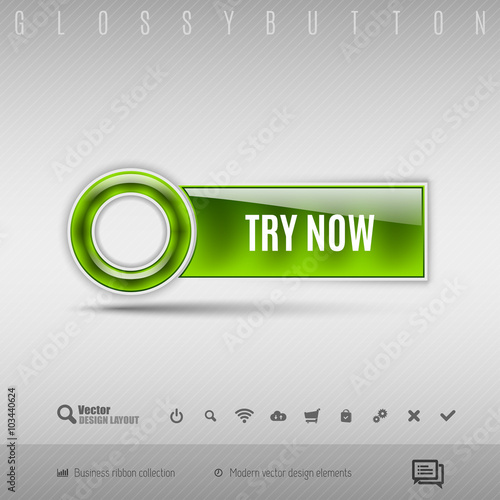 Green plastic button on the gray background. Vector design eleme