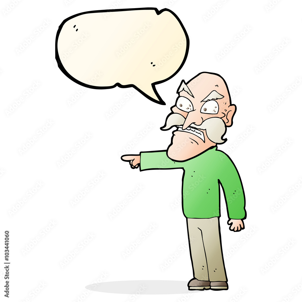 cartoon furious old man with speech bubble