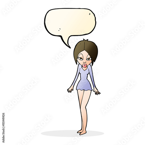cartoon woman in short dress with speech bubble