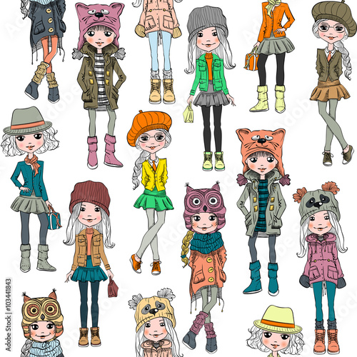 Seamless background with cute beautiful fashionable hipster girl in in funny hats with muzzle cat, panda and owl, jackets and skirts with bags. T-shirt Graphics. Girl print.