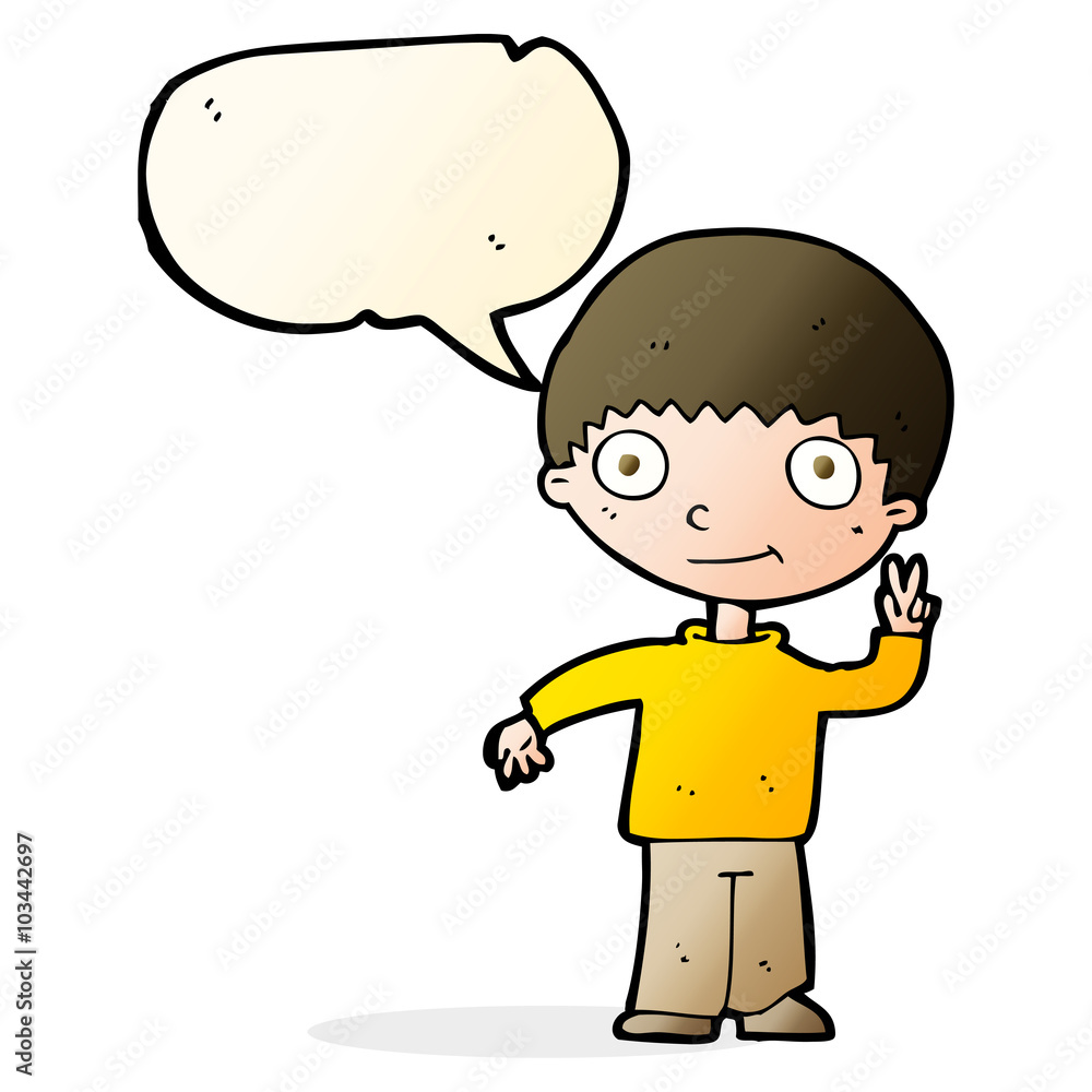 cartoon boy giving peace sign with speech bubble cartoon boy giving peace sign with speech bubble